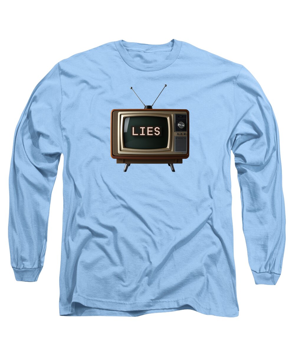 Light blue long sleeve T-shirt with TV graphic and word LIES