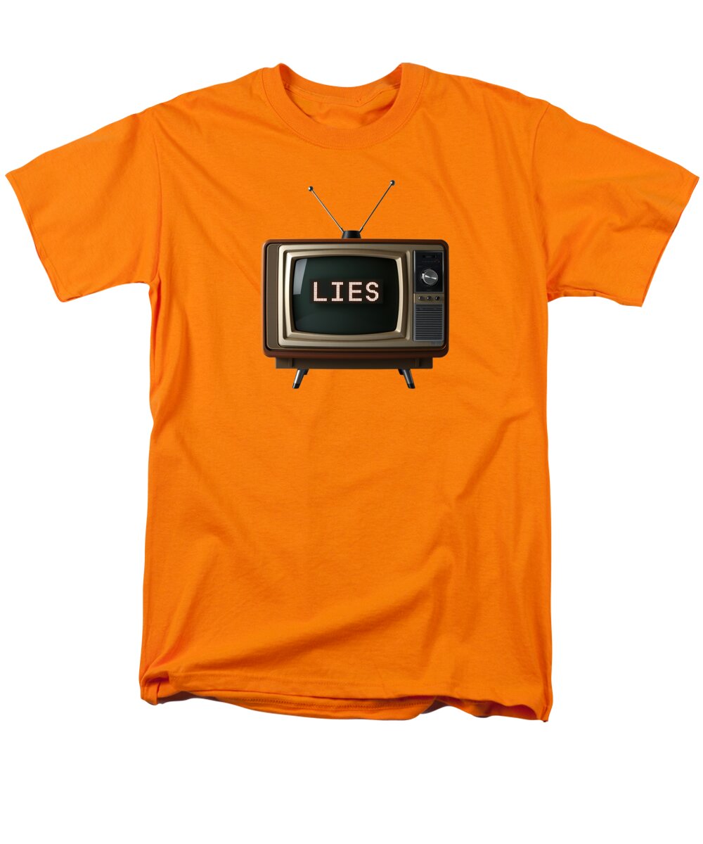 Men's regular-fit T-shirt in orange with 'LIES' TV graphic on front