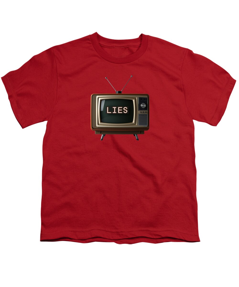 Youth T-shirt in red with a TV graphic and the word “LIES” on the chest