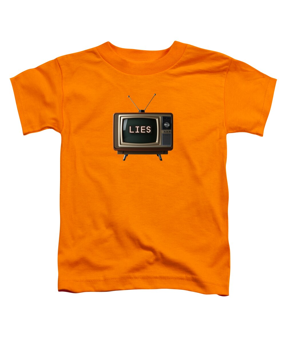 Orange toddler t-shirt with front graphic of a TV screen reading “LIES”