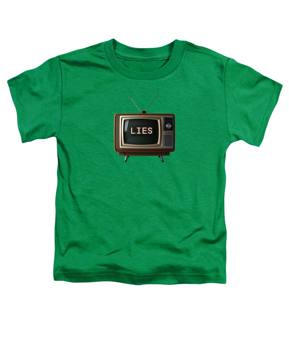 Kelly green toddler t-shirt with front graphic of a TV screen reading “LIES”
