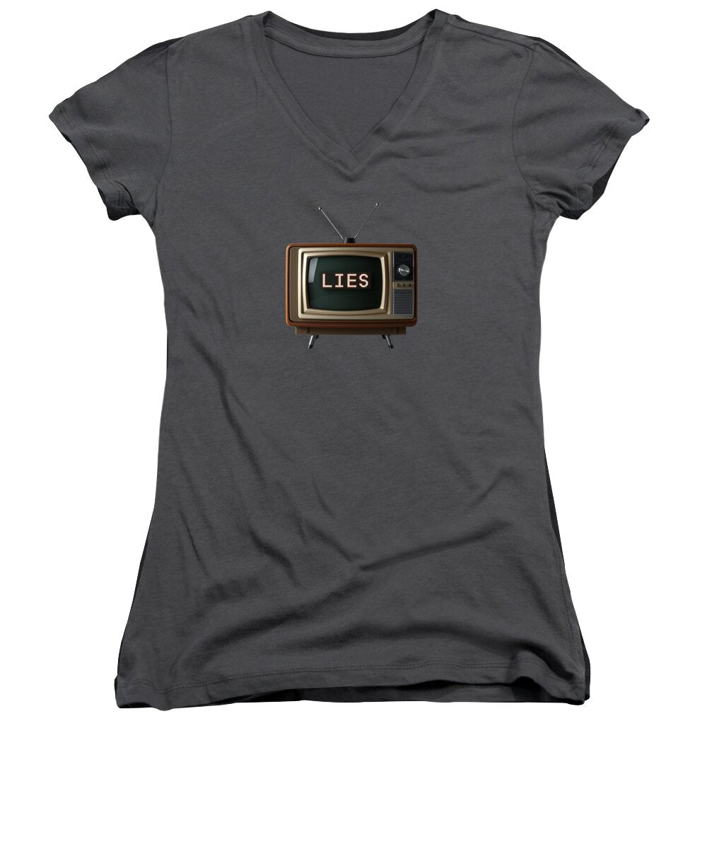 Women's charcoal V-neck T-shirt with TV screen graphic on front