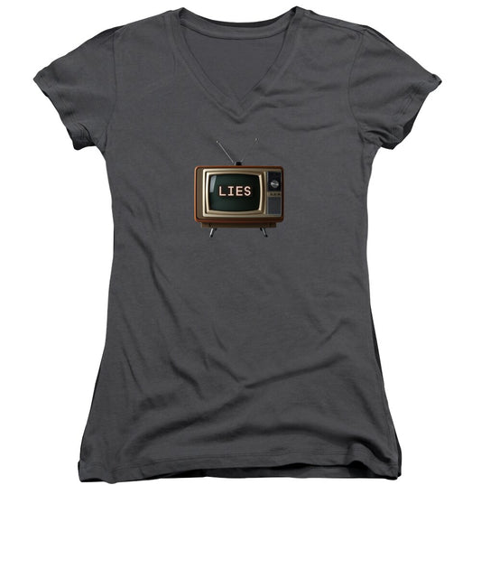 Women's charcoal V-neck T-shirt with TV screen graphic on front