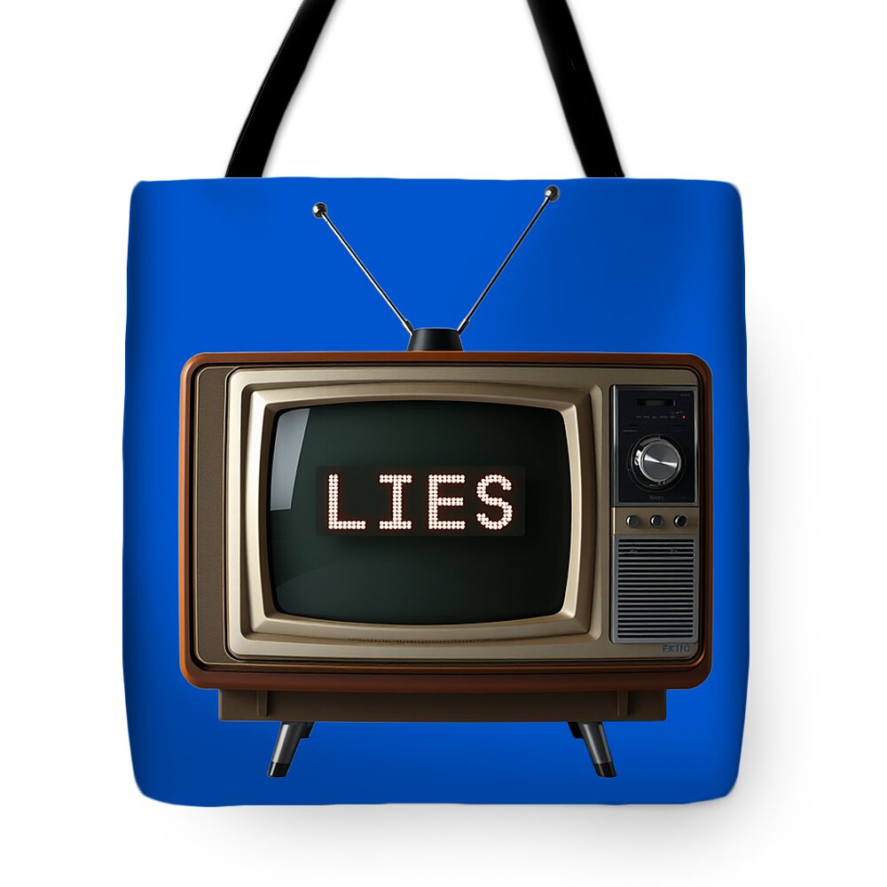 Blue tote bag with black handles, vintage TV front graphic with “LIES” text.