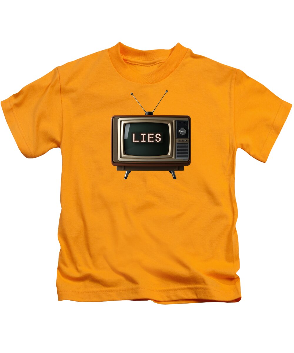 Kids T-shirt, gold, front graphic of retro TV with “LIES”