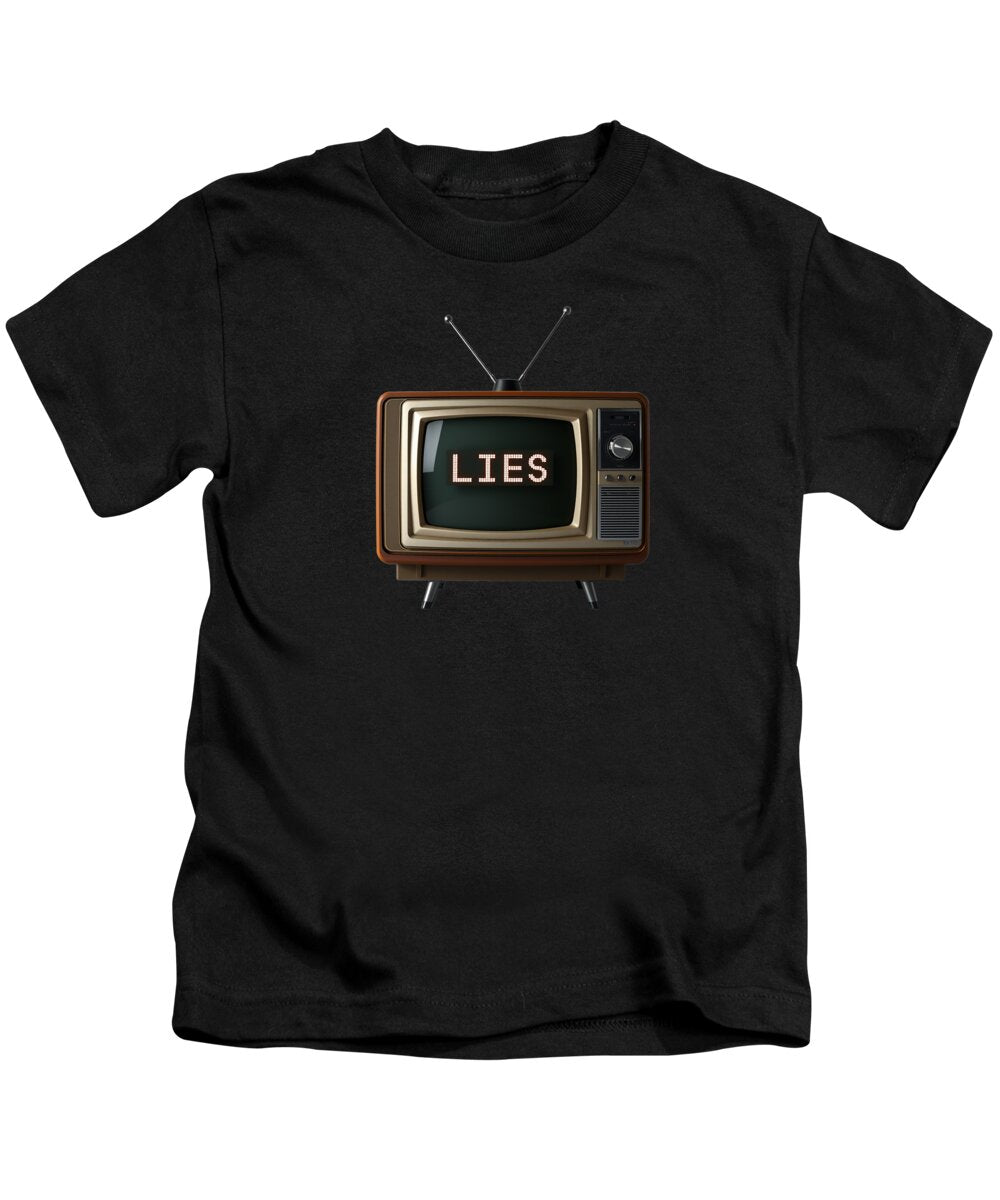 Kids T-shirt, black, front graphic of retro TV with “LIES”