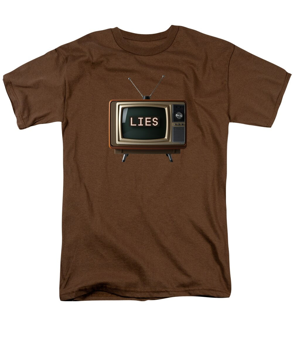 Men's T-shirt in coffee brown with front TV graphic and “LIES” text