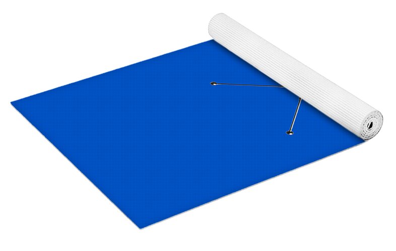 Blue yoga mat laid flat with rolled white mat beside it