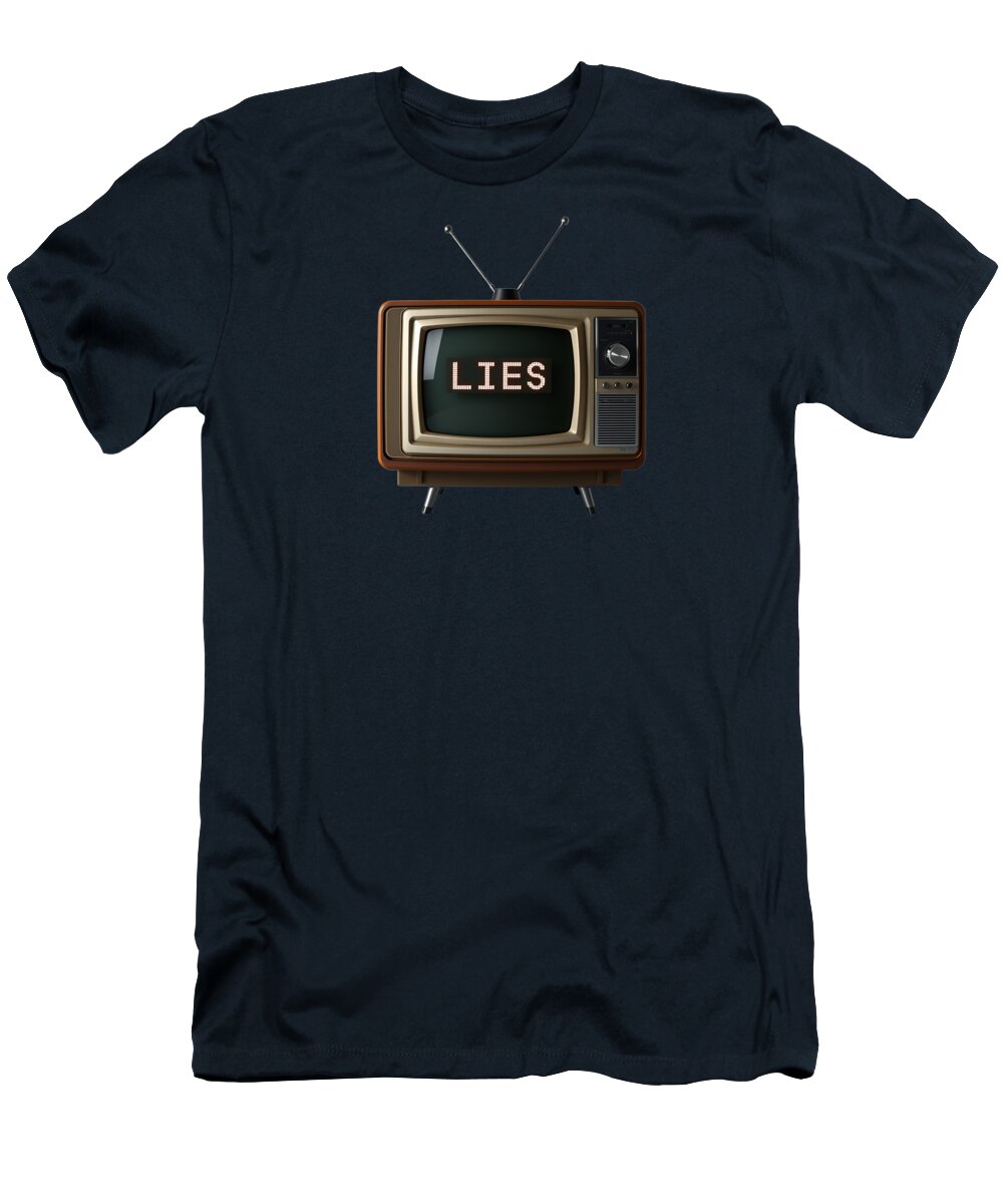 Navy graphic T-shirt with TV-style 'LIES' print
