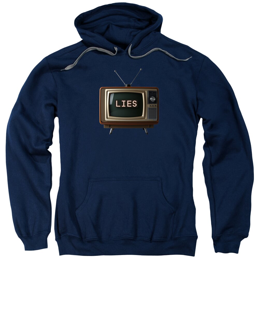 Navy hoodie sweatshirt with front pocket and TV “LIES” graphic