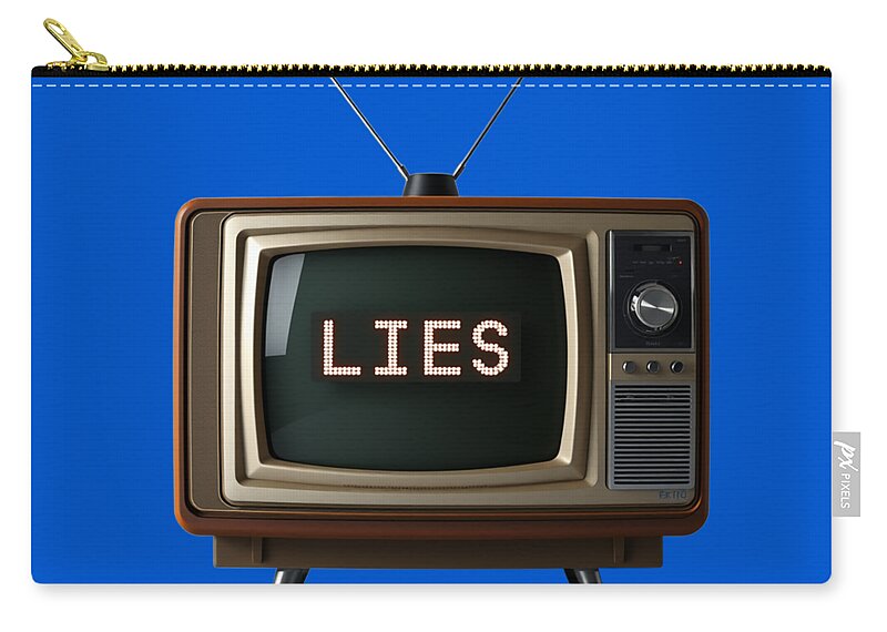 Blue zip pouch with gold zipper, TV-style panel showing “LIES” and dials