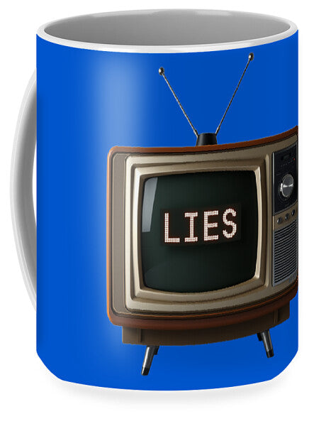 Television Lies mug, blue with close-up retro TV graphic and 'LIES' screen text