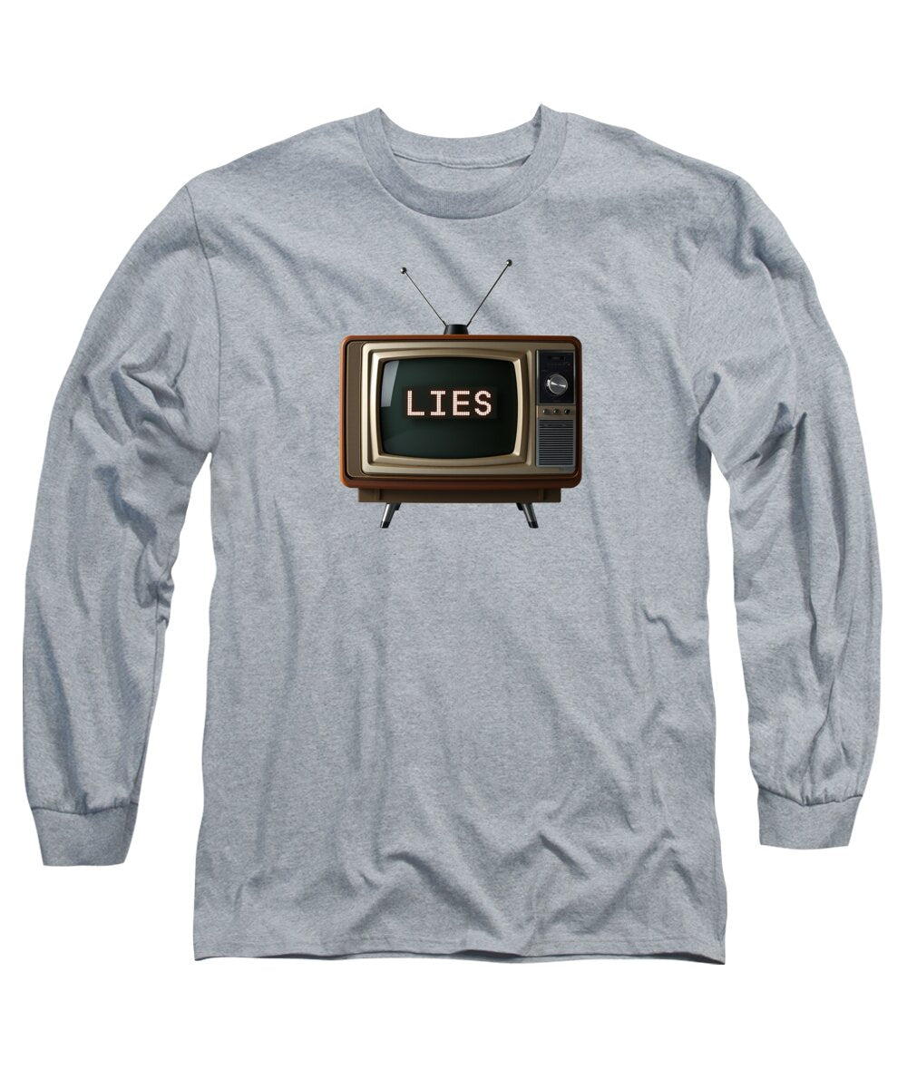 Heather gray long sleeve T-shirt with TV graphic and word LIES