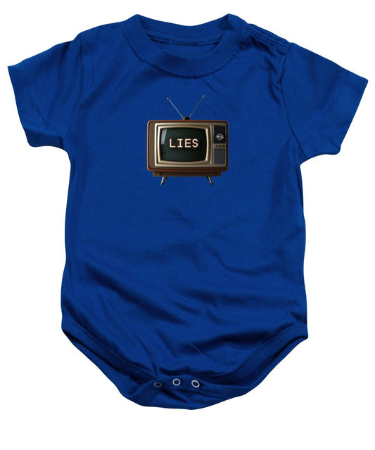 Royal blue baby onesie with long sleeves and TV graphic patch reading “LIES”