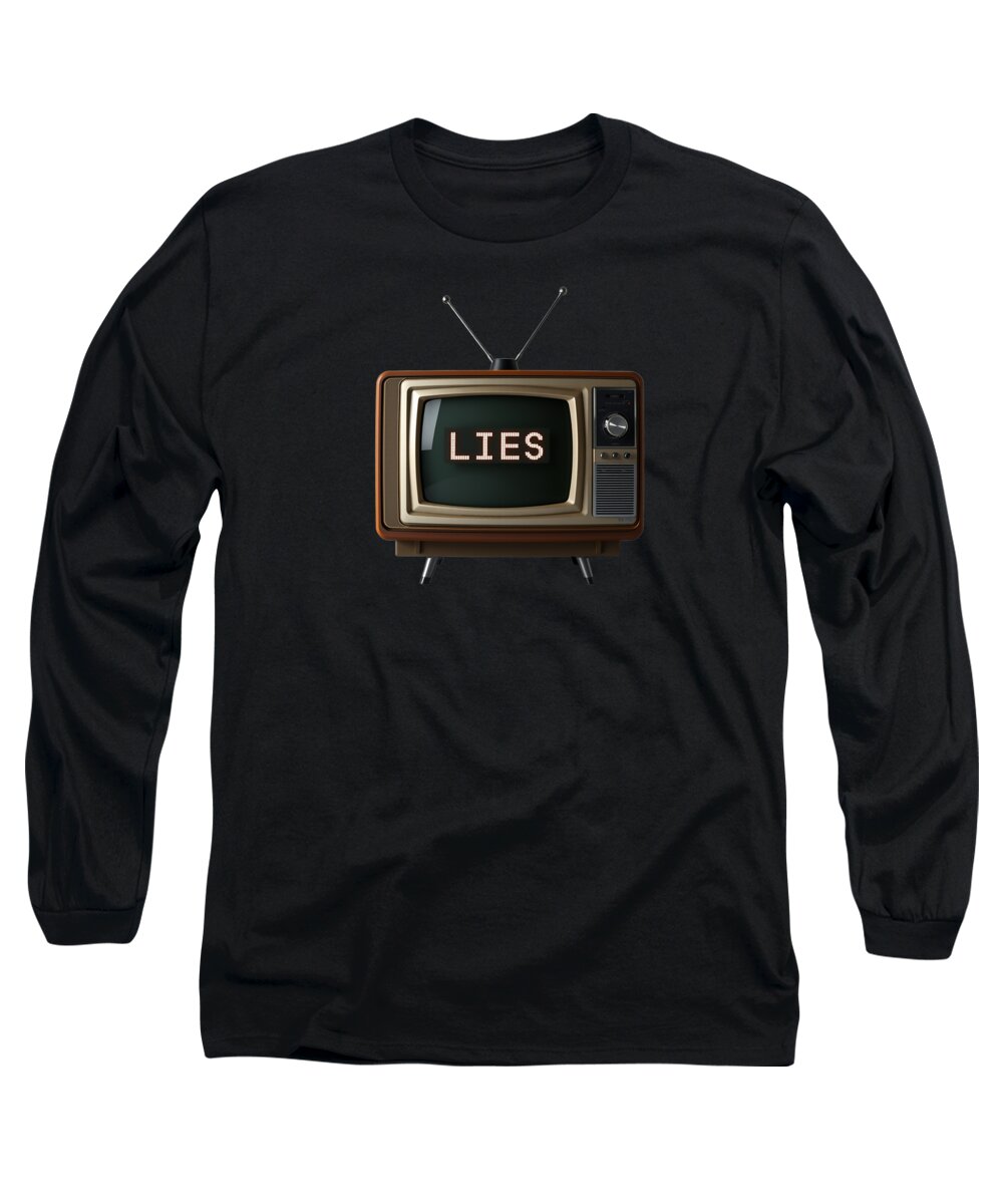 Black long sleeve T-shirt with TV graphic and word LIES