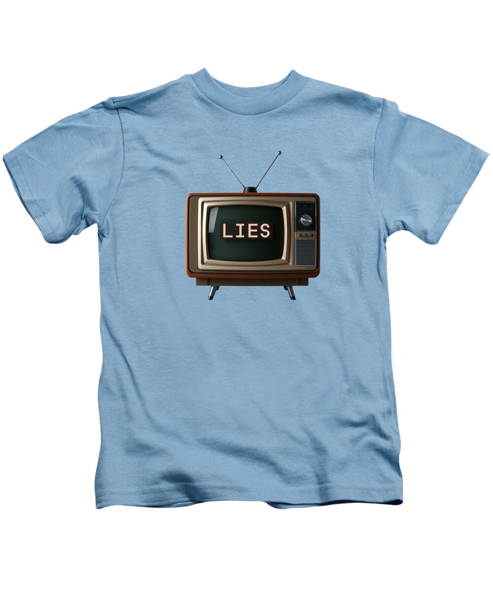 Kids T-shirt, light blue, front graphic of retro TV with “LIES”