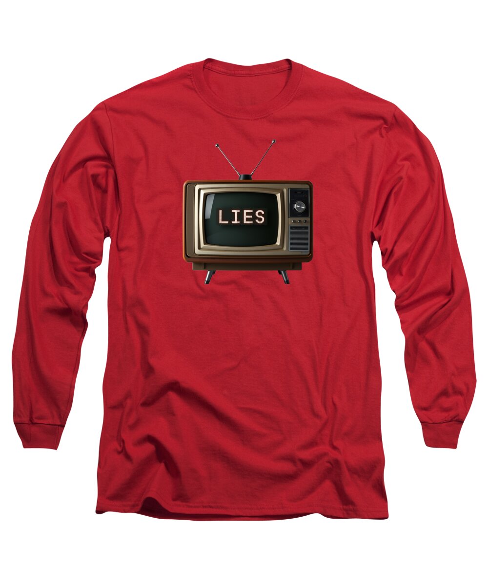Red long sleeve T-shirt with TV graphic and word LIES