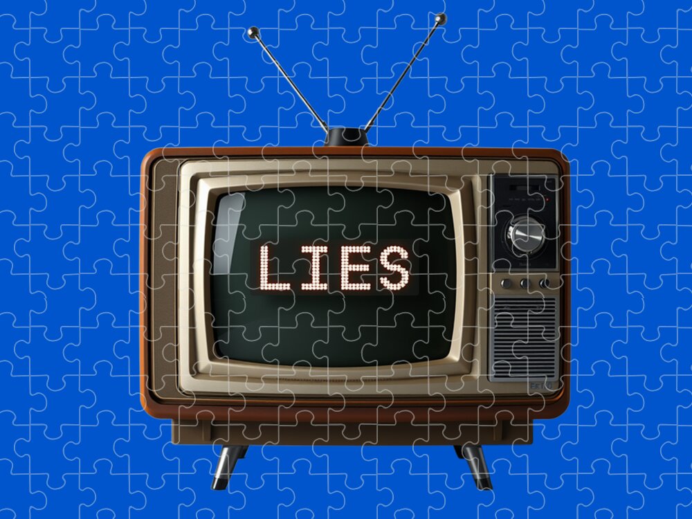 TV-shaped jigsaw puzzle with 'LIES' text on screen, beige inner frame, dark outer edge