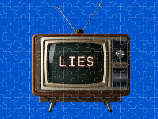 TV-shaped jigsaw puzzle with 'LIES' text on screen, beige inner frame, dark outer edge