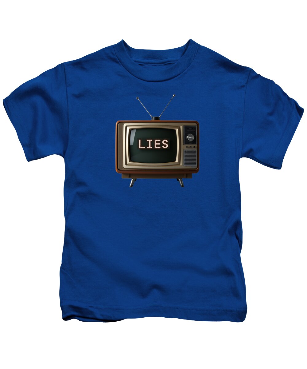 Kids T-shirt, royal blue, front graphic of retro TV with “LIES”