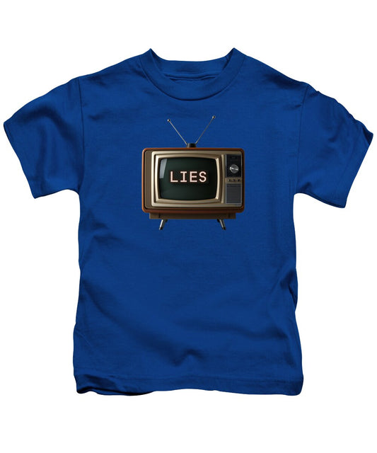 Kids T-shirt, royal blue, front graphic of retro TV with “LIES”