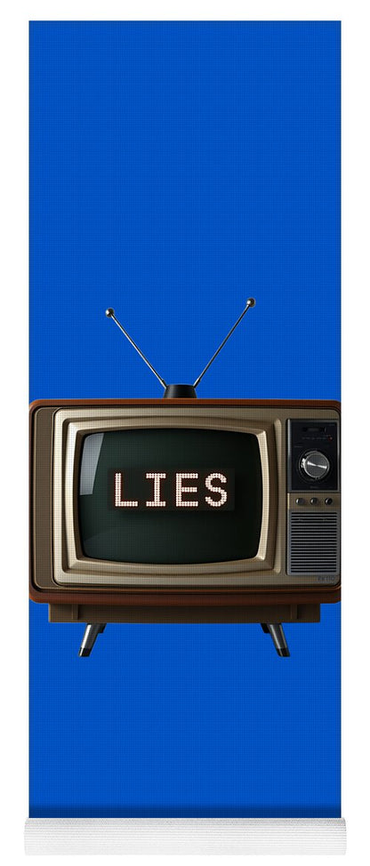 Blue yoga mat with retro TV graphic reading LIES