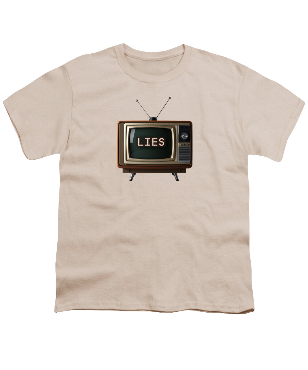 Cream youth T-shirt with "LIES" TV graphic on front