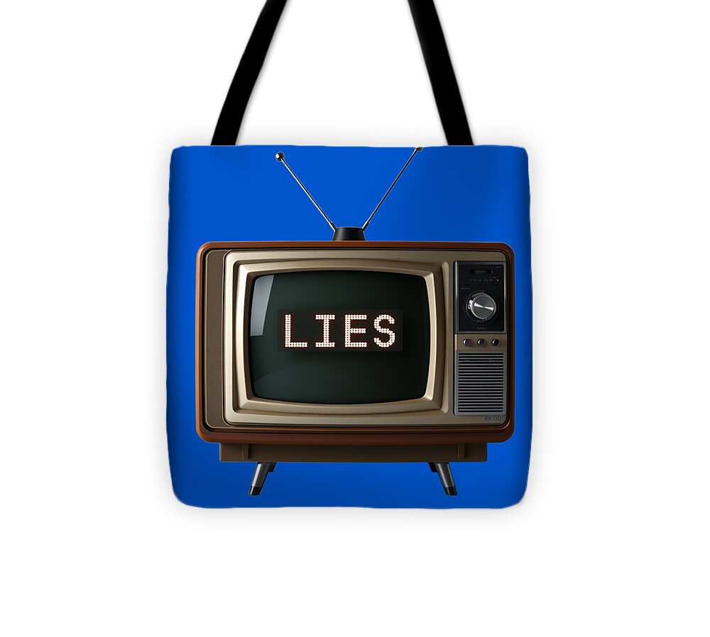 Blue tote bag with black handles, front TV graphic reading “LIES”.