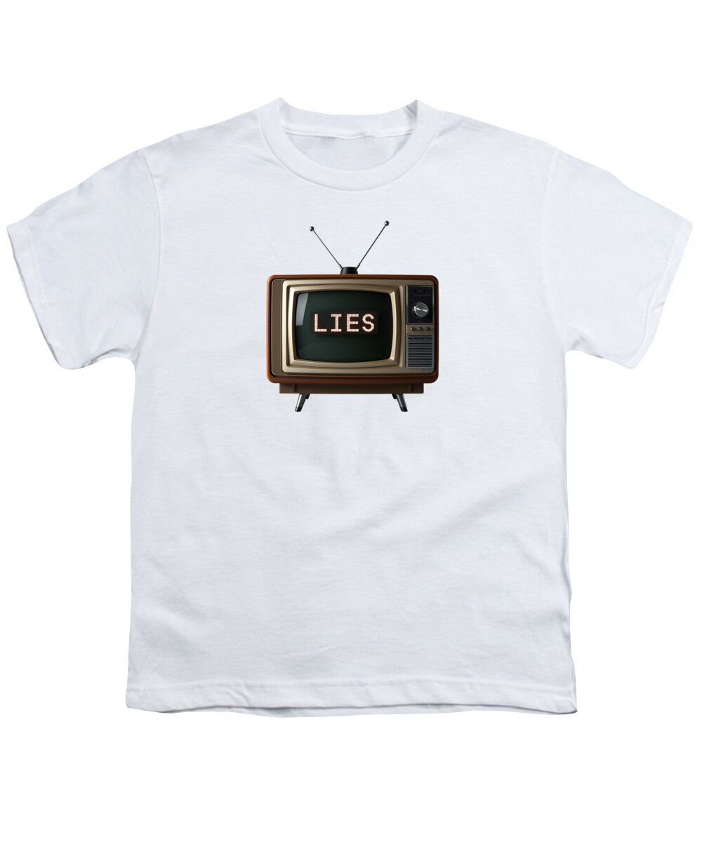 Youth T-shirt in white with a TV graphic and the word “LIES” on the chest
