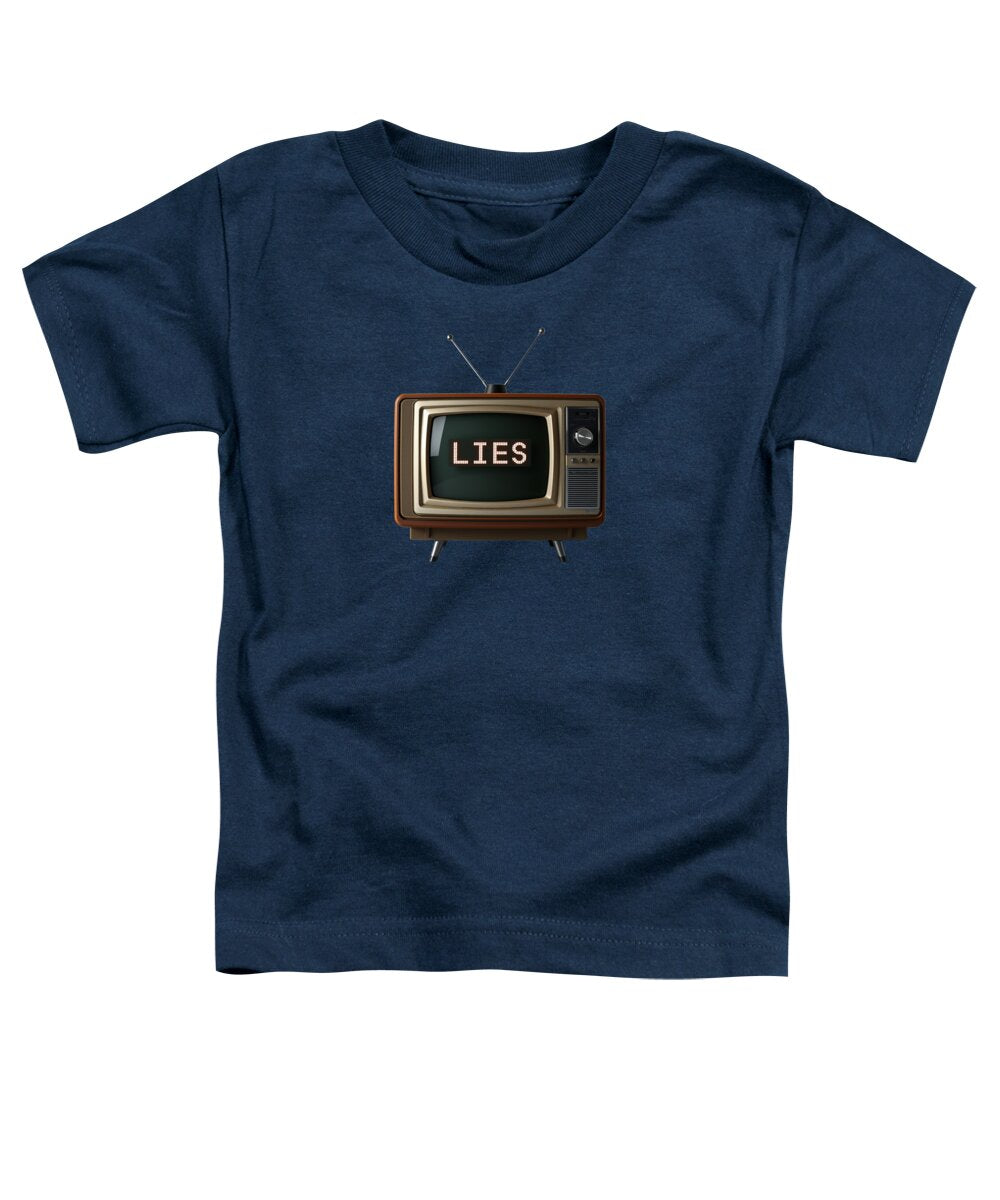 Navy toddler t-shirt with front graphic of a TV screen reading “LIES”