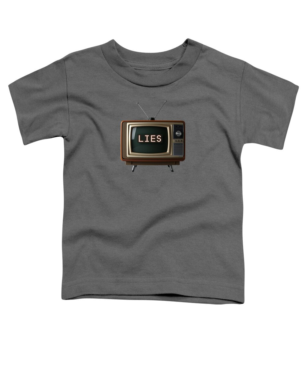 Charcoal gray toddler t-shirt with front graphic of a TV screen reading “LIES”
