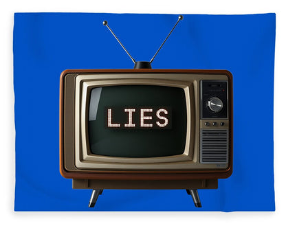 Decorative blanket with TV graphic showing 'LIES' and control knobs