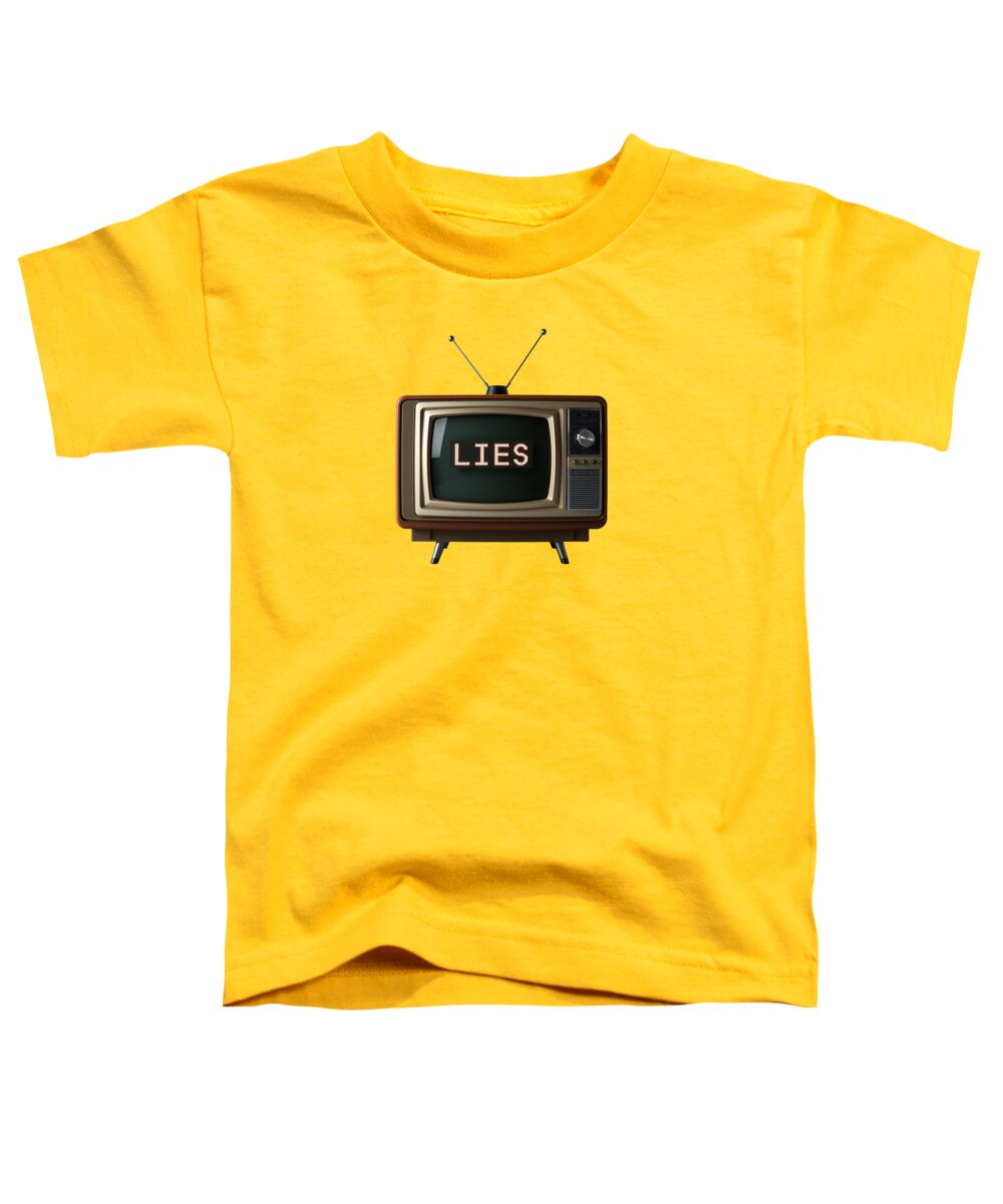 Yellow toddler t-shirt with TV graphic and 'LIES' text