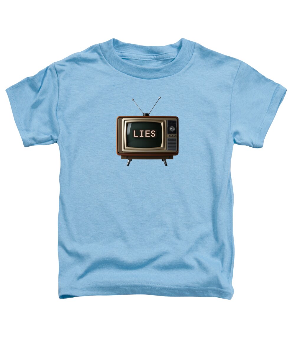 Light blue toddler t-shirt with front graphic of a TV screen reading “LIES”