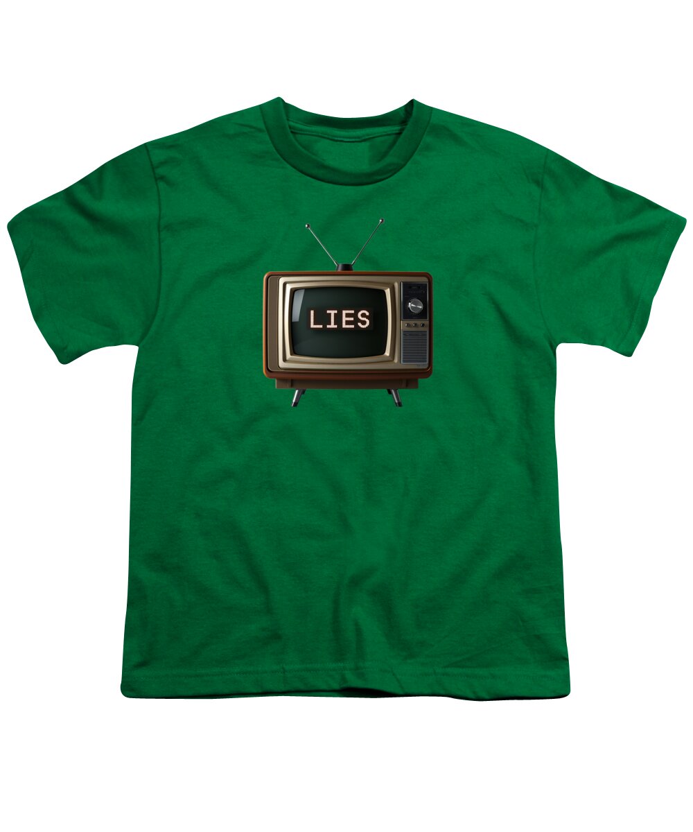 Youth T-shirt in dark green with a TV graphic and the word “LIES” on the chest