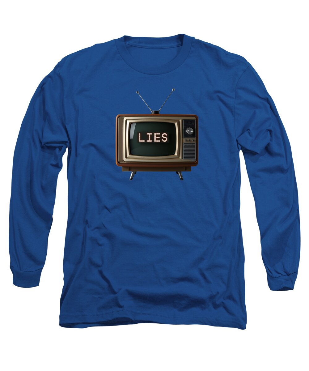 Royal blue long sleeve T-shirt with TV graphic and word LIES