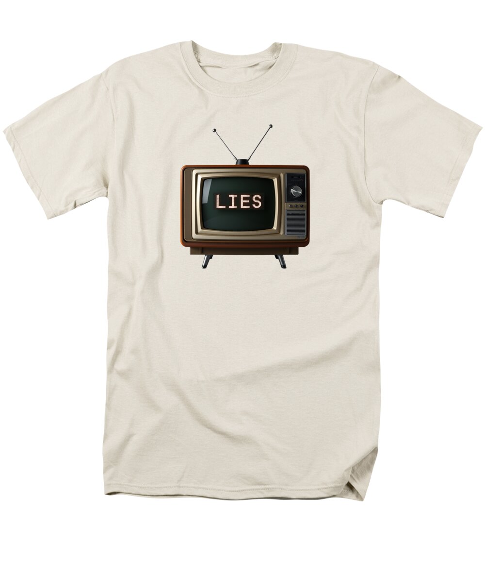 Men's T-shirt in cream with front TV graphic and “LIES” text