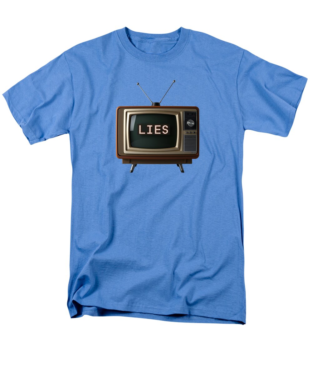 Men's T-shirt in light blue with front TV graphic and “LIES” text