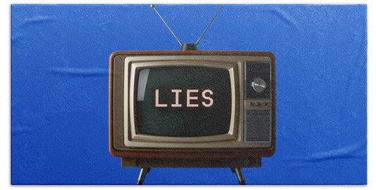 Blue beach towel with TV-style graphic and 'LIES' text