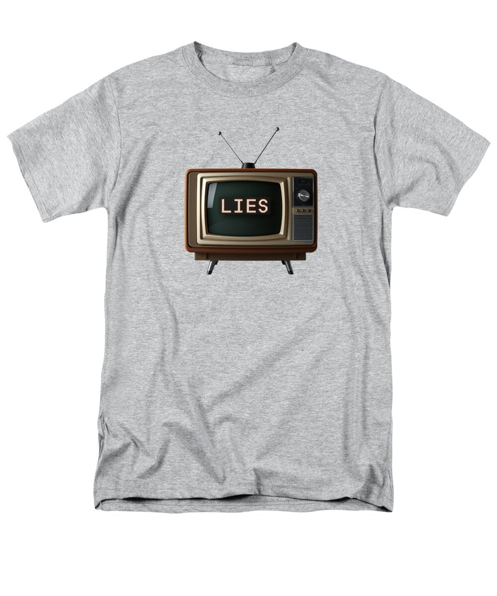 Men's T-shirt in heather gray with front TV graphic and “LIES” text