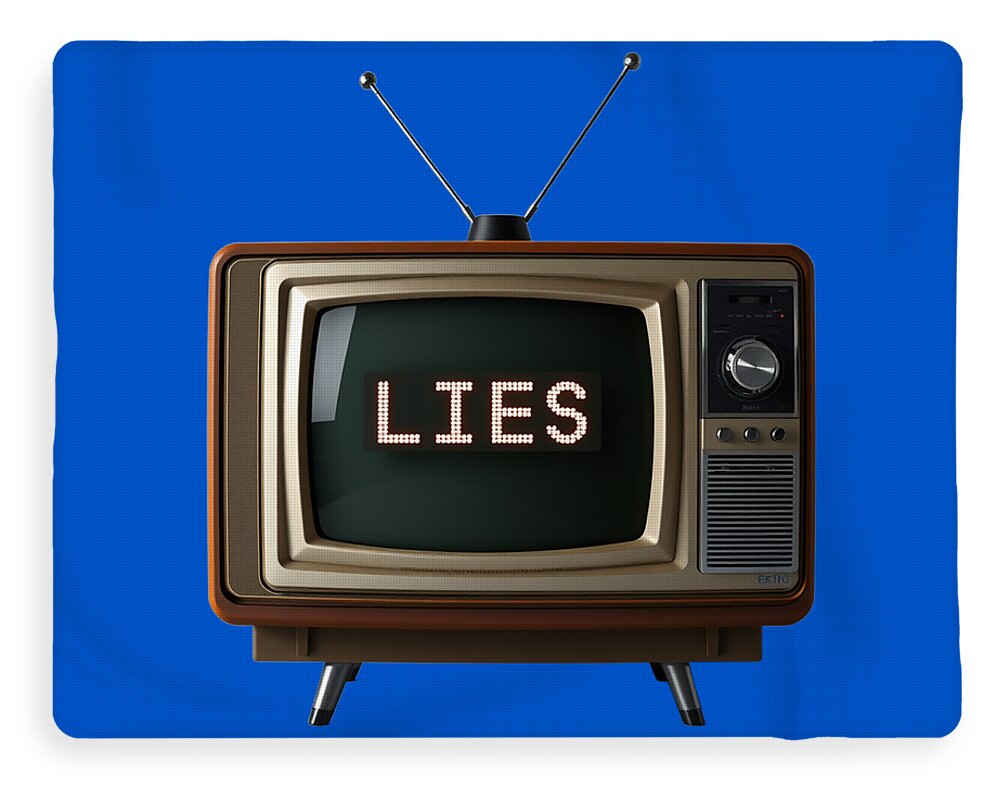 Decorative blanket with TV graphic and 'LIES' screen text, blue field