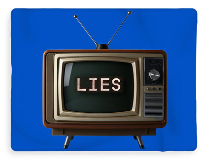 Decorative blanket with TV graphic and 'LIES' screen text, blue field