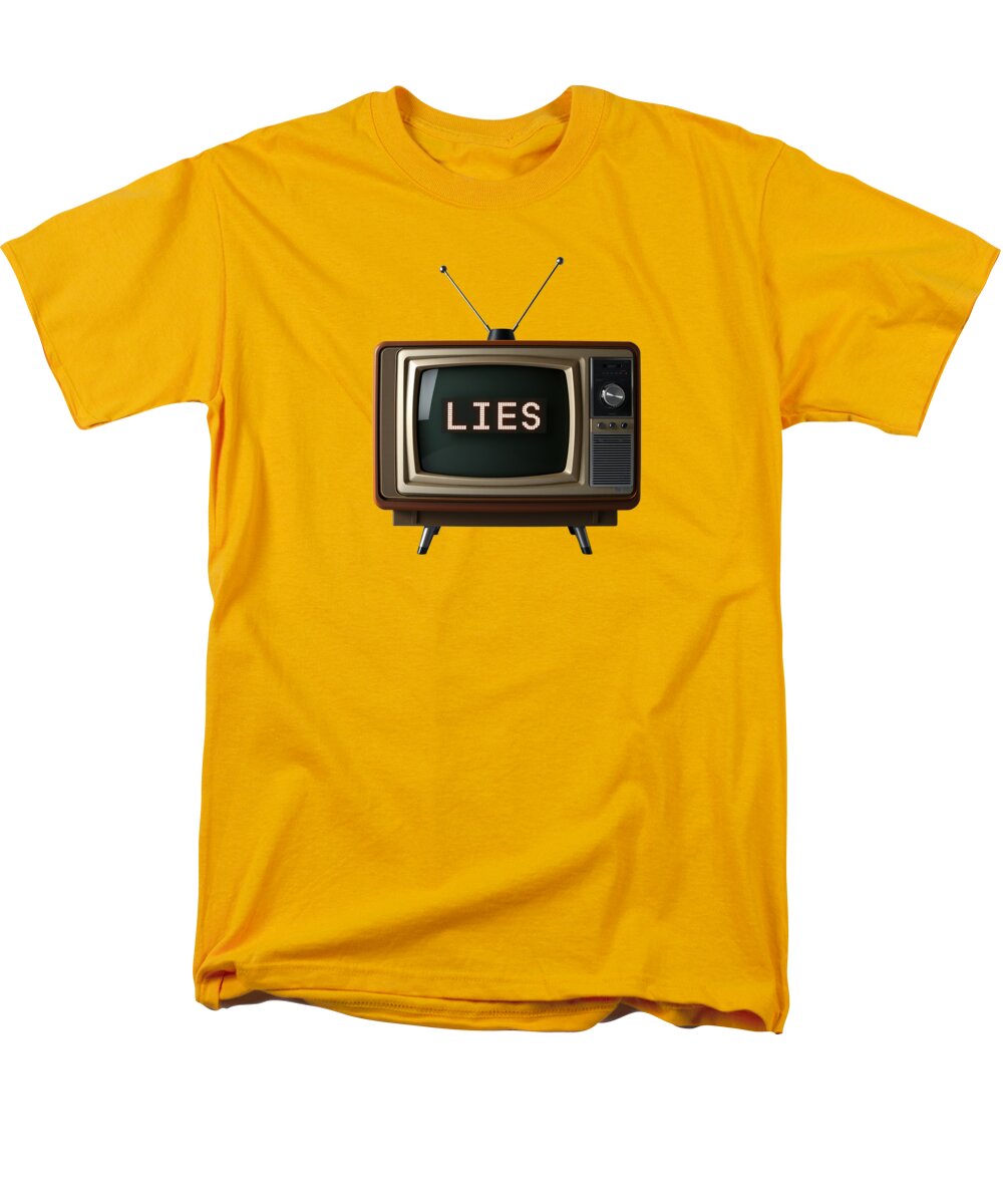 Men's T-shirt in yellow with front TV graphic and “LIES” text