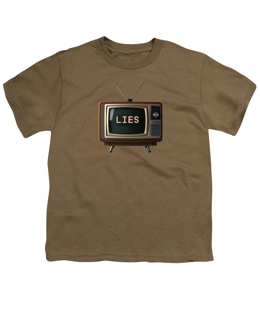Youth T-shirt in brown with a TV graphic and the word “LIES” on the chest