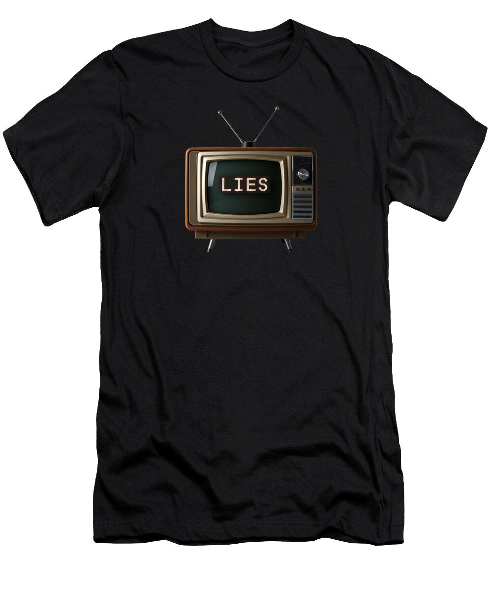 Black graphic T-shirt with TV-style 'LIES' print