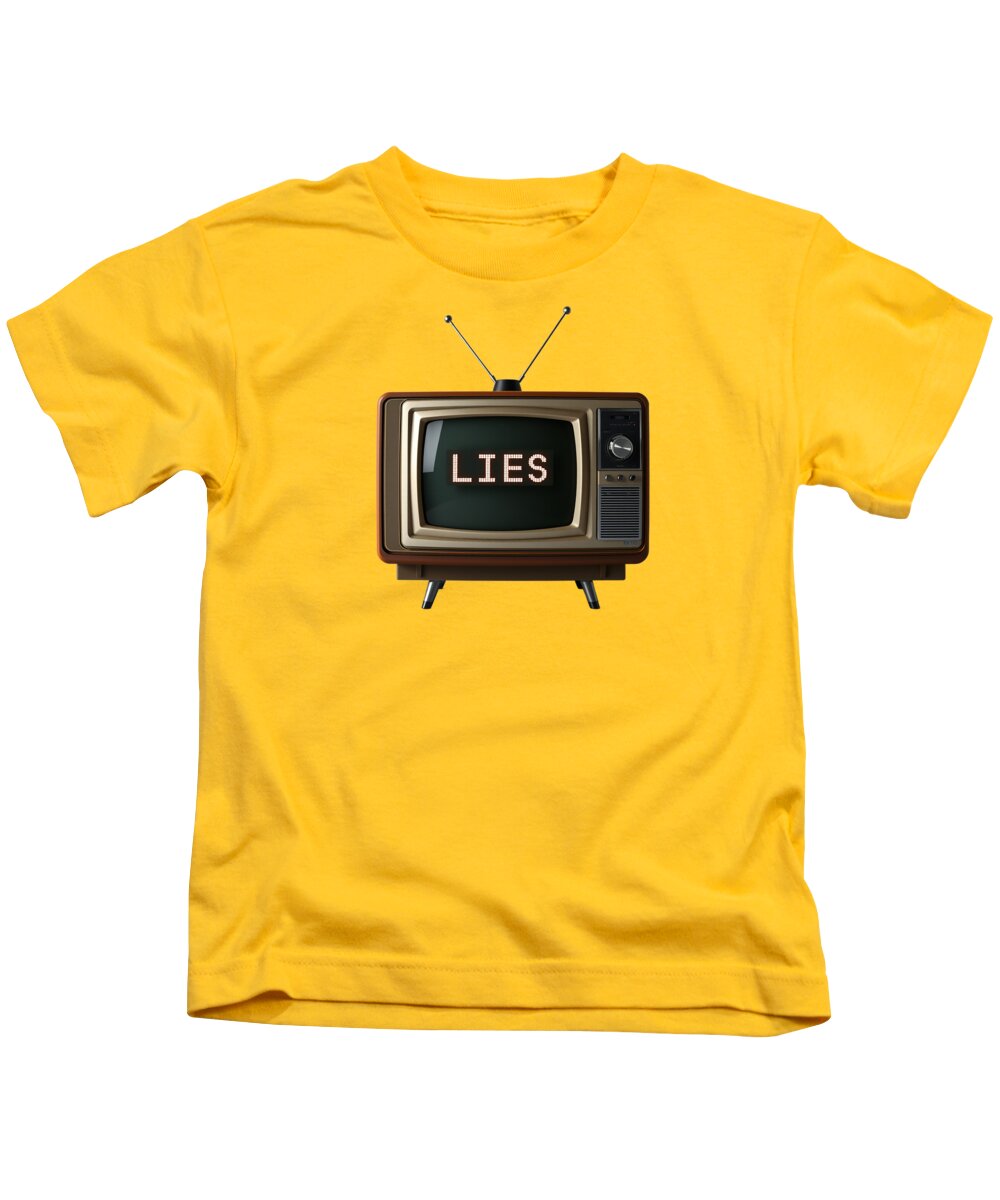 Kids T-shirt, yellow with TV graphic and text LIES