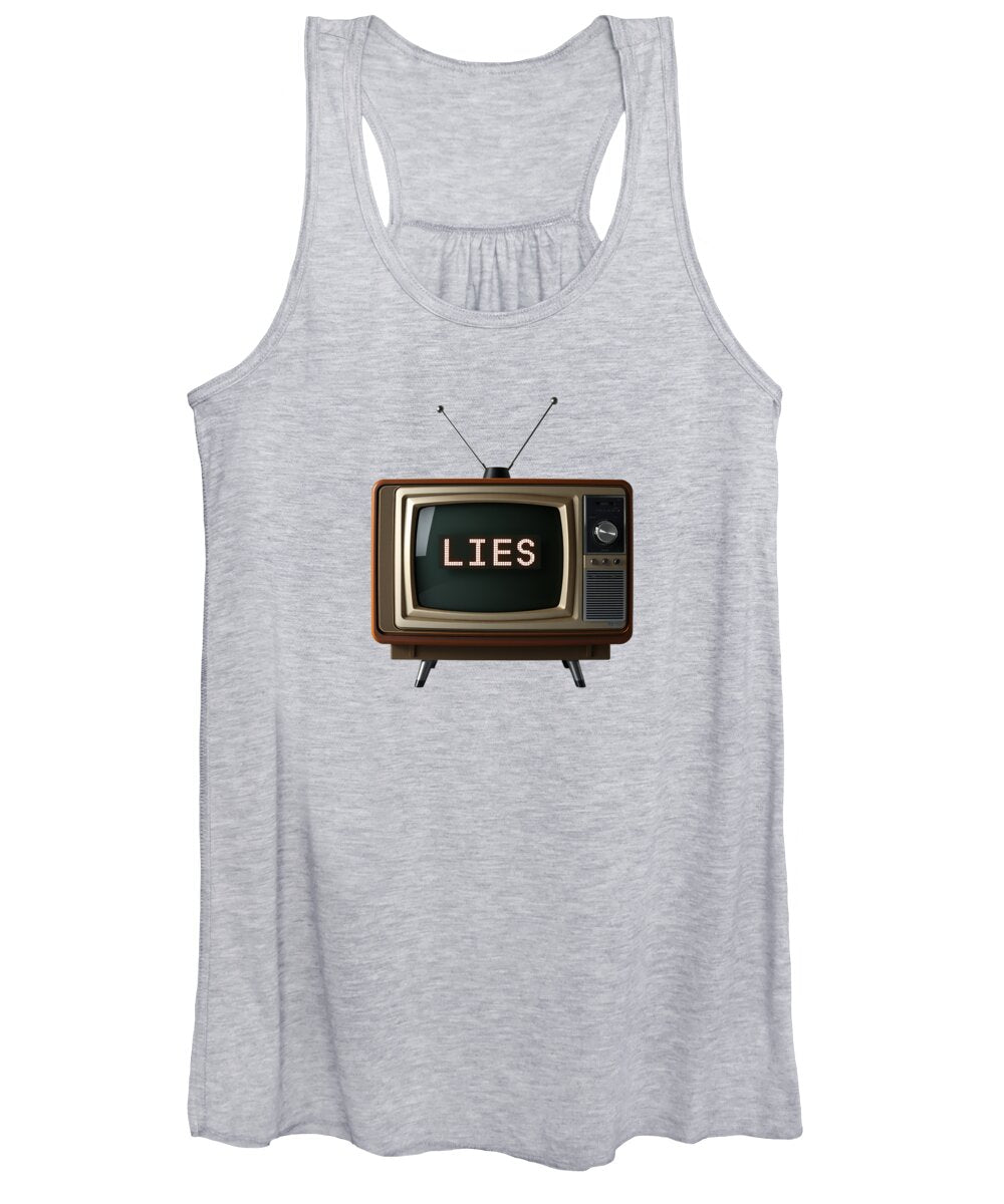 Light gray women's tank top with 'LIES' TV graphic at center