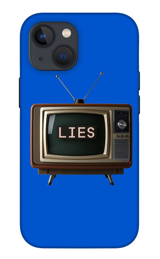 Blue phone case with TV graphic, antennas, and "LIES" text; camera cutouts on top left.