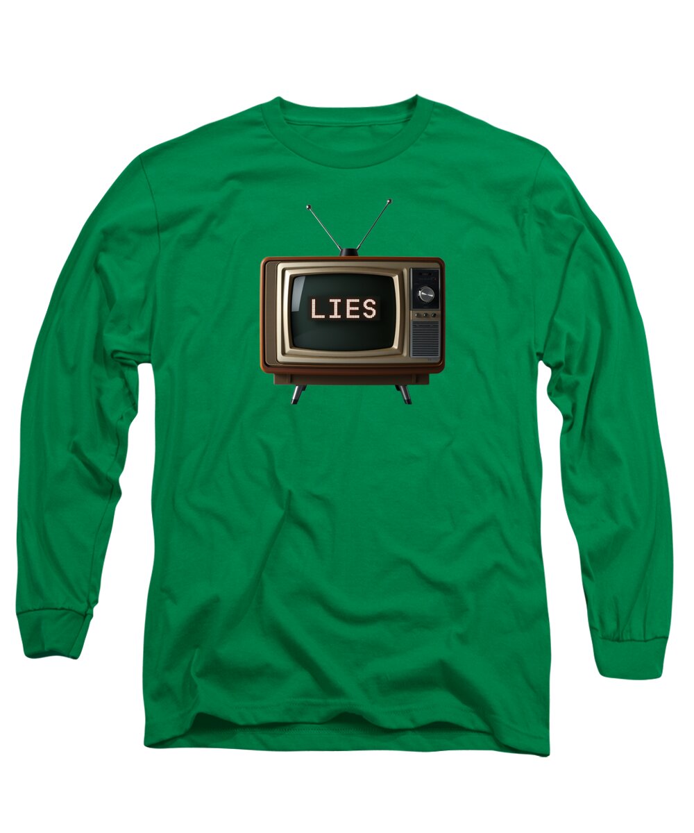 Kelly green long sleeve T-shirt with TV graphic and word LIES