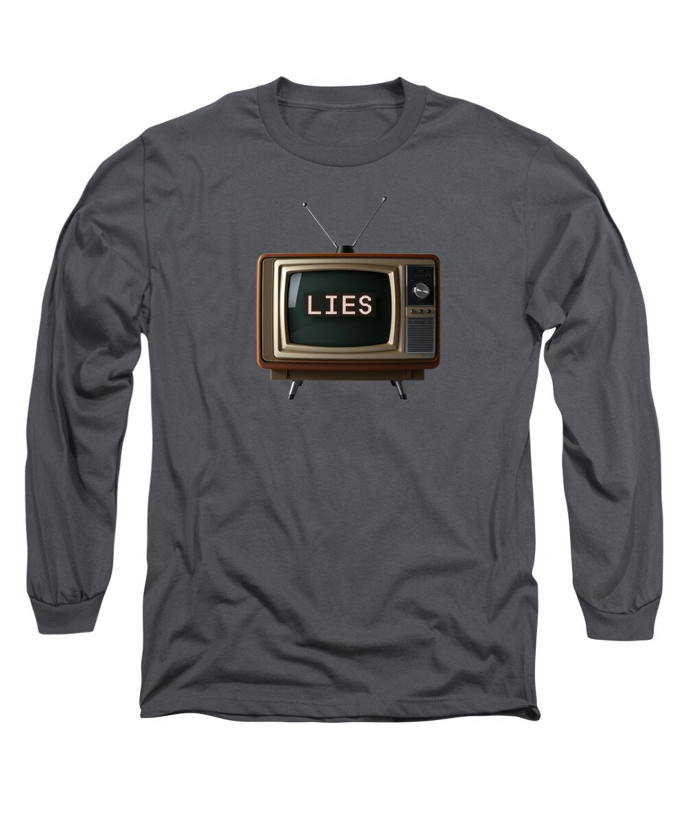 Charcoal gray long sleeve T-shirt with TV graphic and word LIES